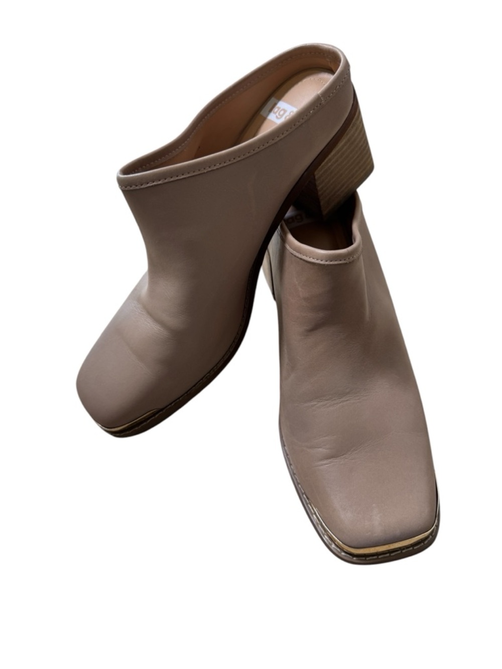 Taupe Leather Block Heel Mule with Gold Toe Accent - Women's Slip-On